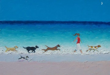 niña y perros corriendo en la playa Pinturas al óleo